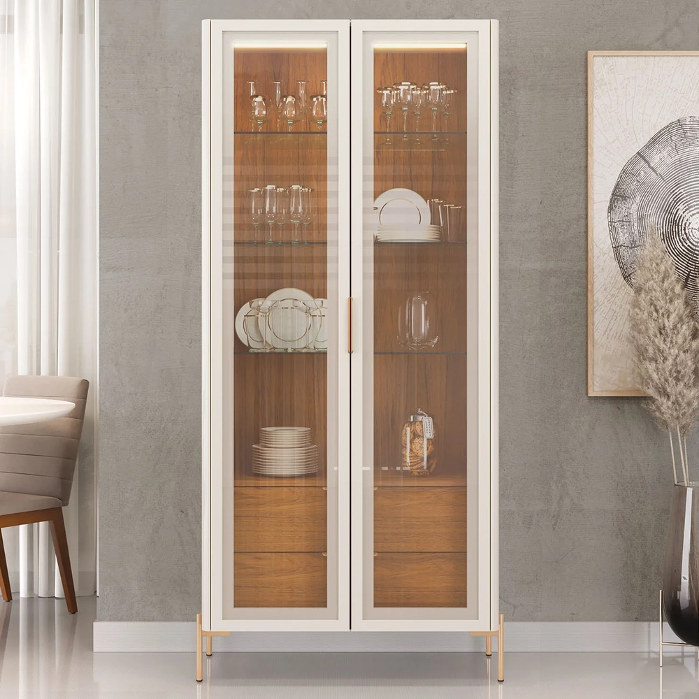 Cristaleira Portas de Vidro Com LED Amelia 80cm D04 Freijó/Off - Mpozenato