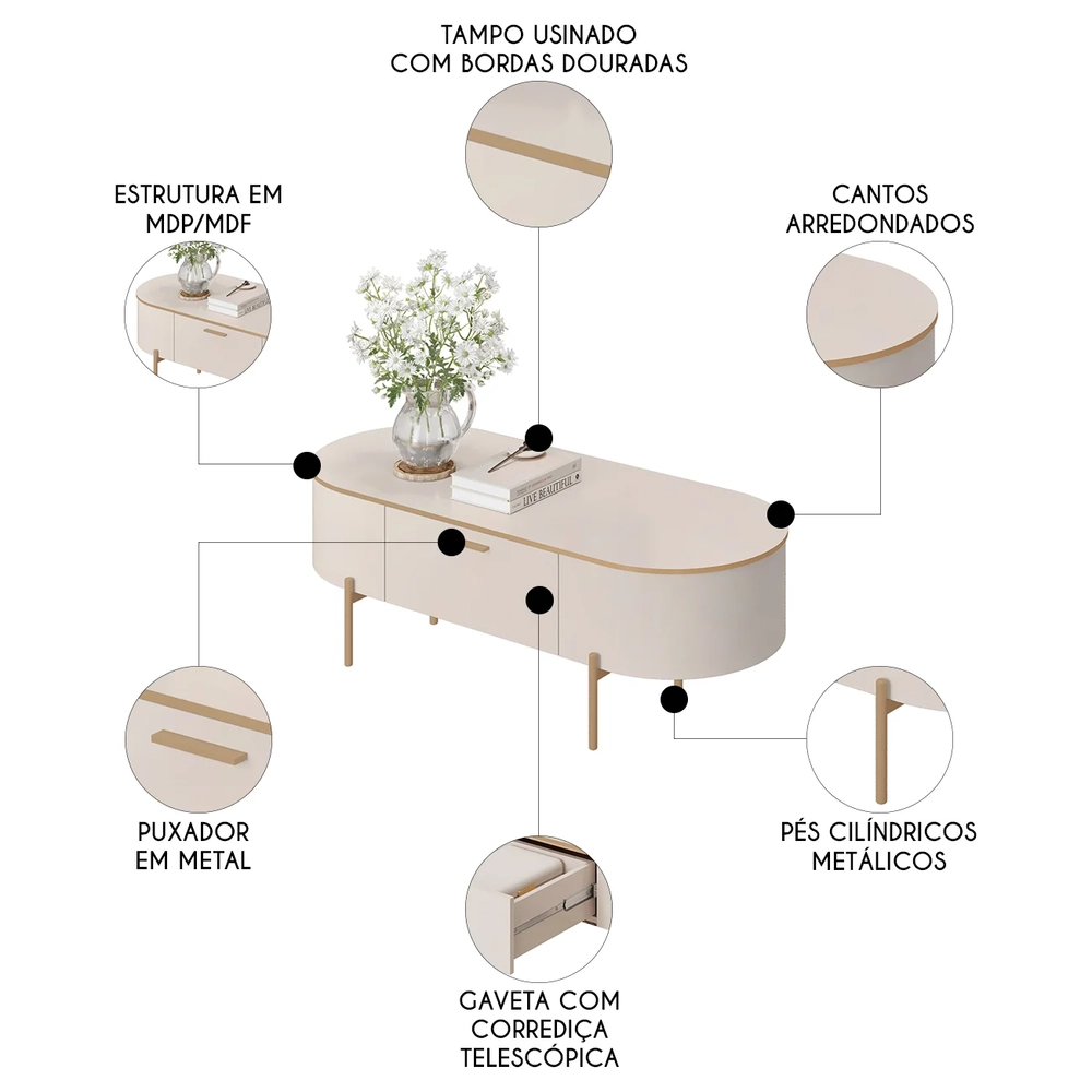 Mesa de Centro Para Sala Pés Metálicos Clover D04 Off White - Mpozenato