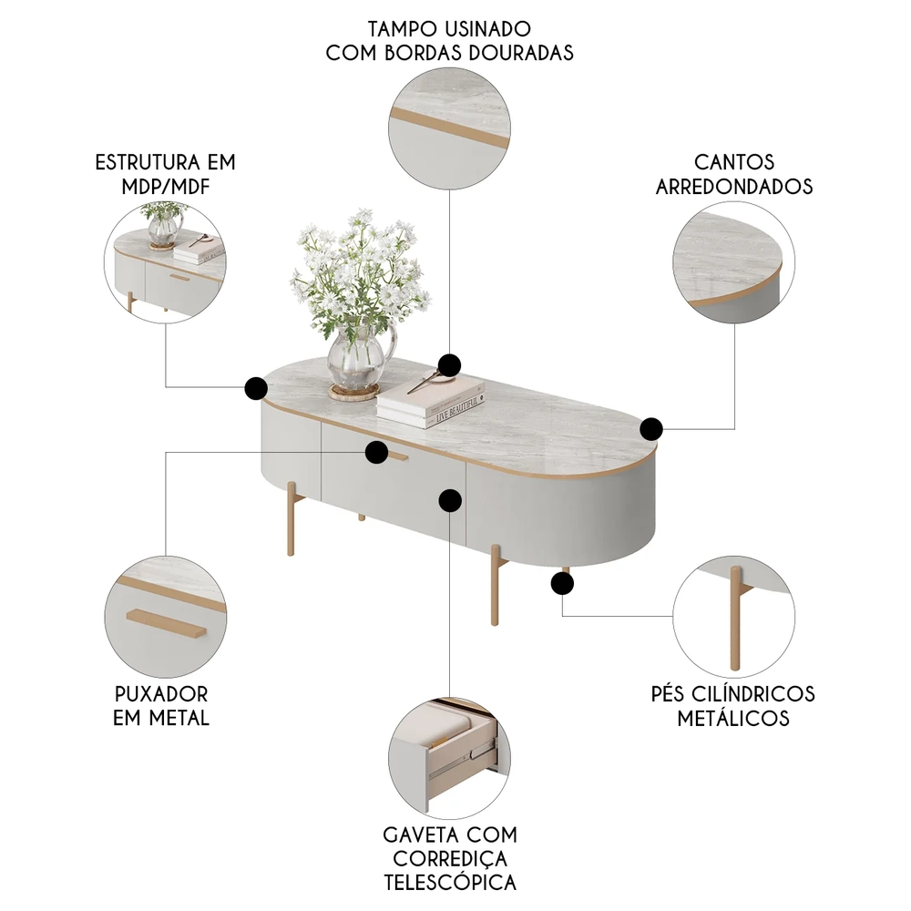 Mesa de Centro Para Sala Pés Metálicos Clover D04 Bali/Quartzo - Mpozenato