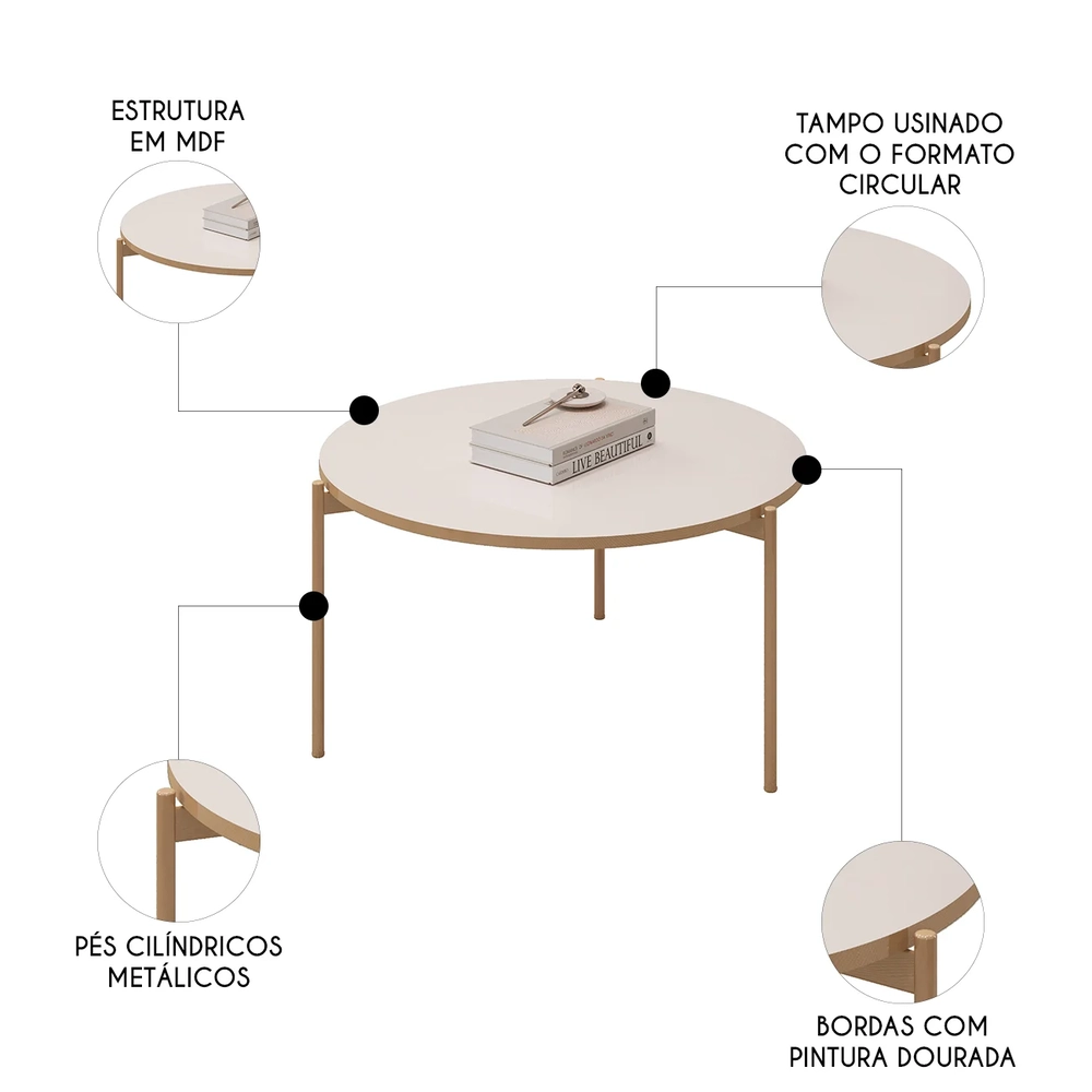 Mesa de Centro Redonda Para Sala Pé Metal Nala D04 Off White - Mpozenato