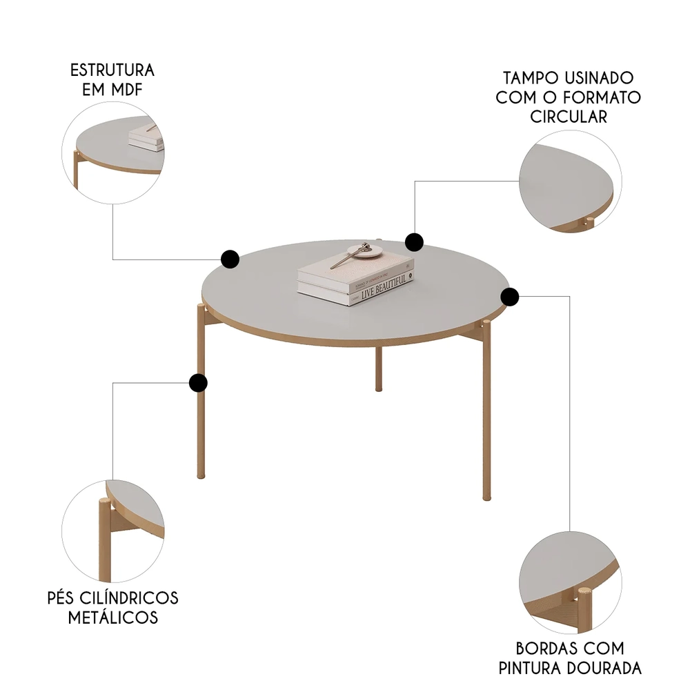Mesa de Centro Redonda Para Sala Pé Metal Nala D04 Bali - Mpozenato