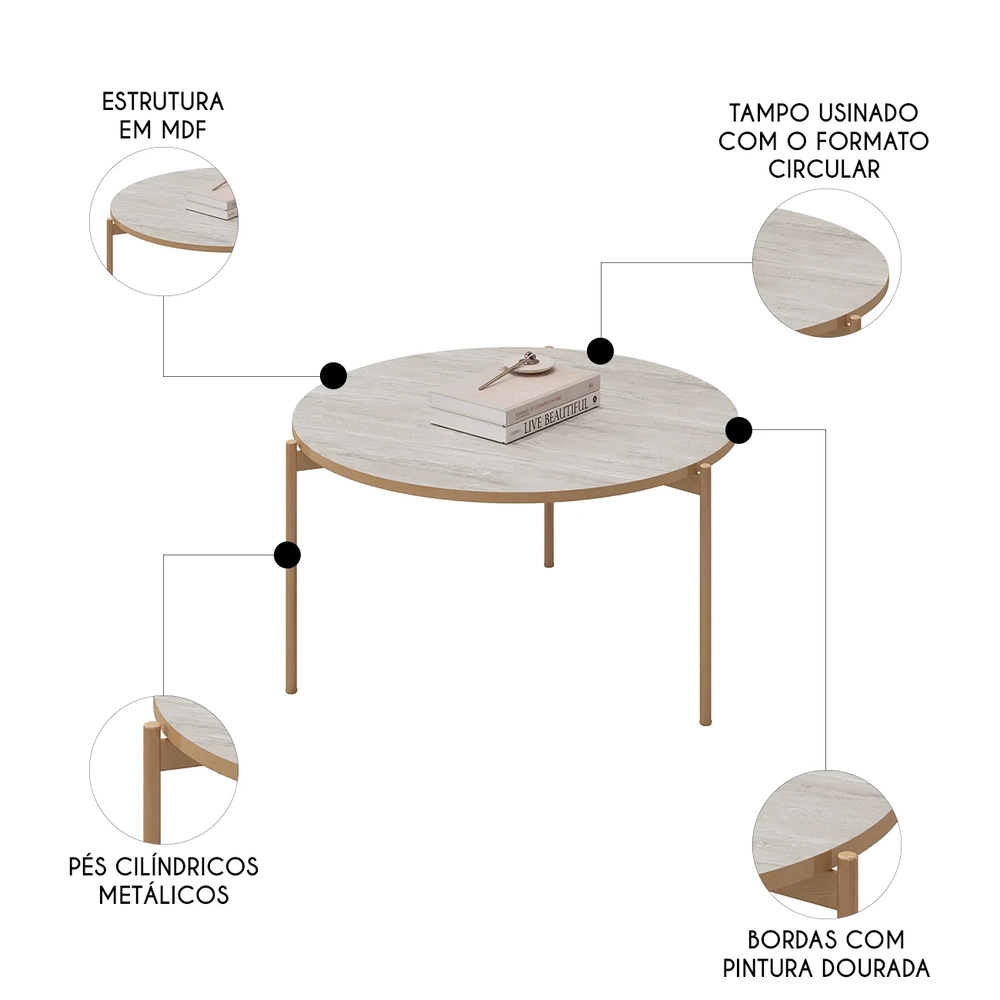 Mesa de Centro Redonda Para Sala Pé Metal Nala D04 Quartzo - Mpozenato