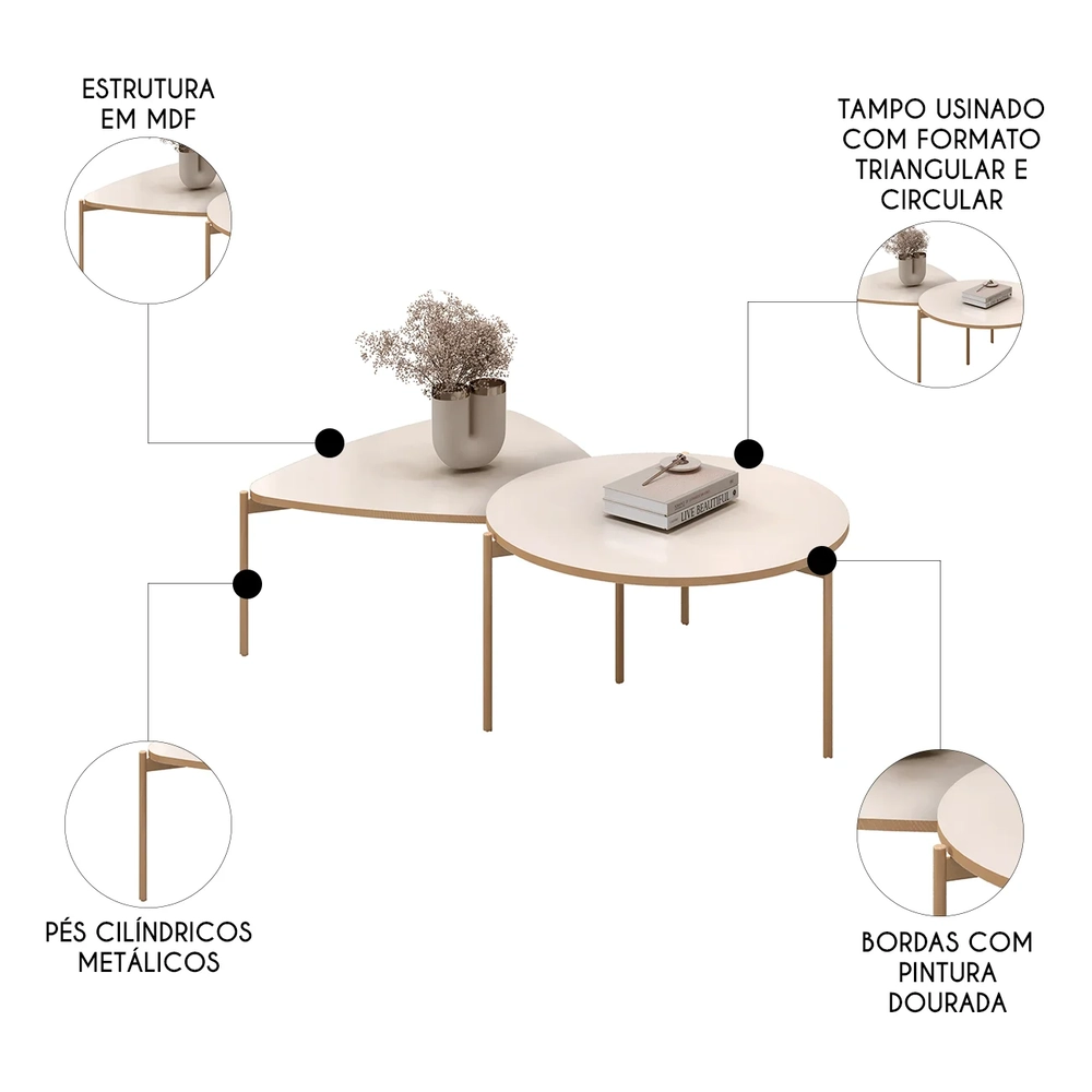 Mesa de Centro Para Sala Pés Metálicos Zira e Nala D04 Off White - Mpozenato