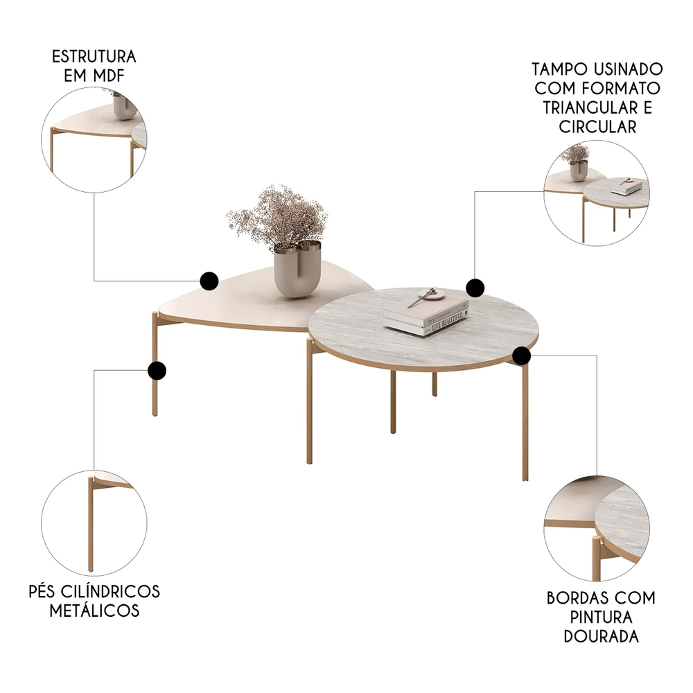 Mesa de Centro Para Sala Pés Metálicos Zira e Nala Quartzo/Off - Mpozenato