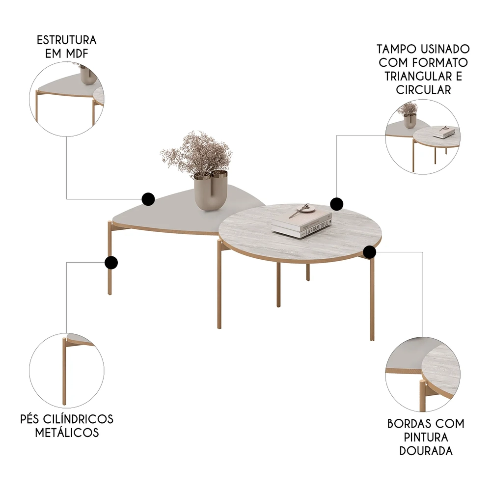 Mesa de Centro Para Sala Pés Metálicos Zira e Nala D04 Bali/Quartzo - Mpozenato