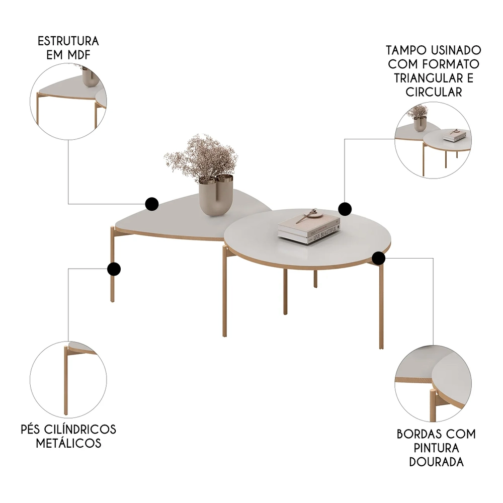 Mesa de Centro Para Sala Pés Metálicos Zira e Nala D04 Bali - Mpozenato