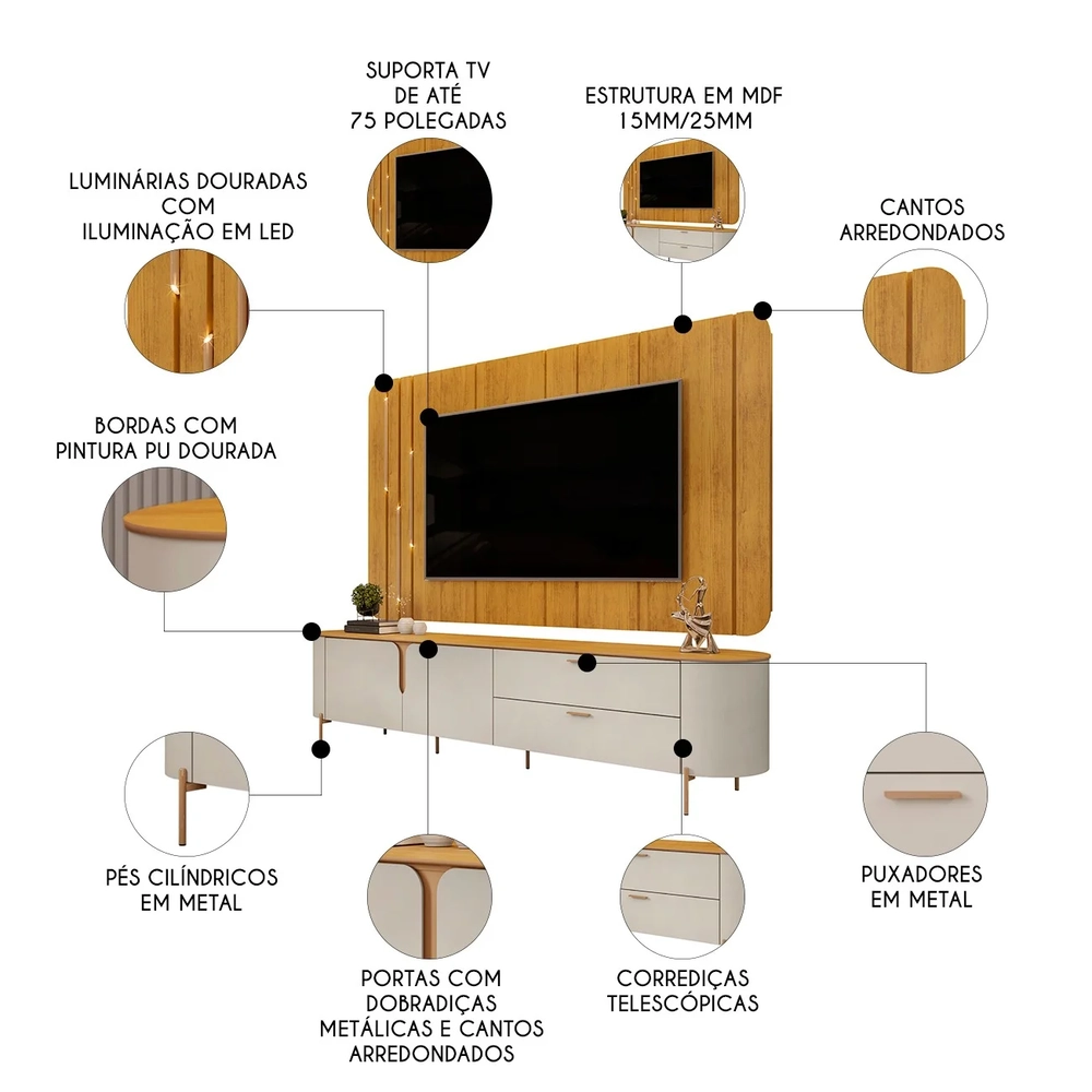 Painel Para TV 75 Pol e Rack Bancada 241cm Celi D04 Bali/Cedro - Mpozenato