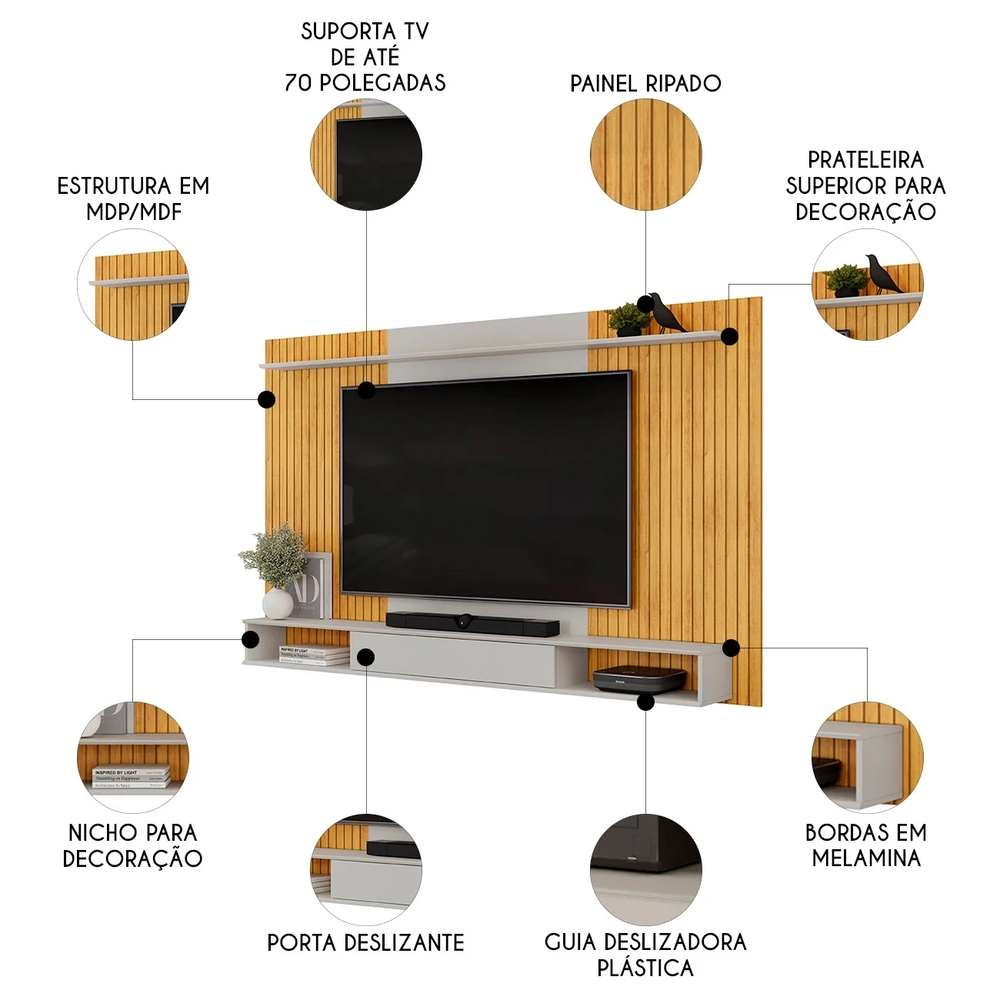 Painel TV 70 Pol 215cm Bancada Suspensa Ethan D04 Cedro/Bali - Mpozenato