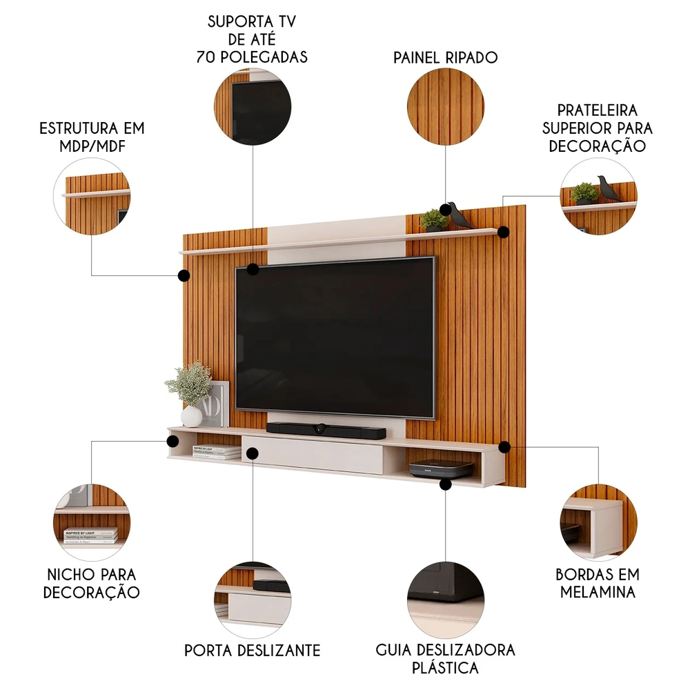 Painel TV 70 Pol 215cm Bancada Suspensa Ethan D04 Freijó/Off - Mpozenato