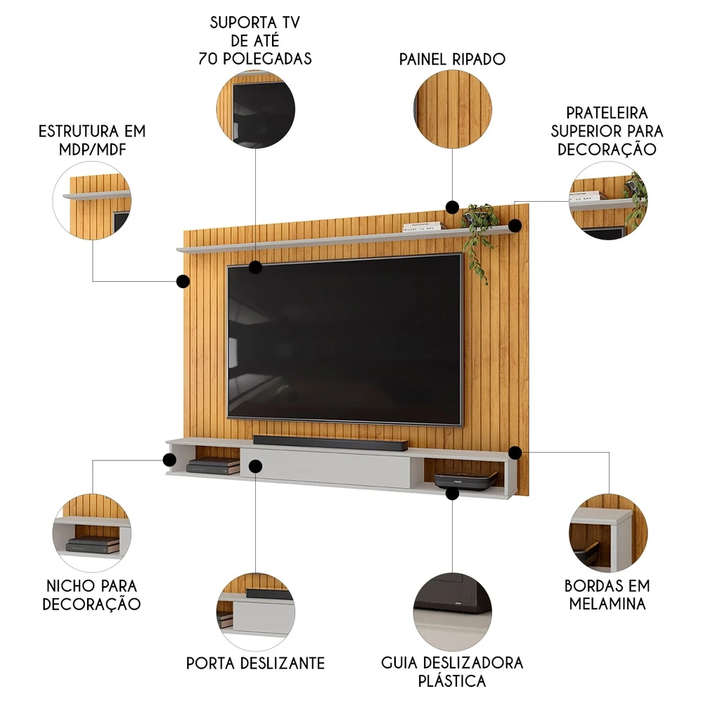 Painel TV 70 Pol 193cm Bancada Suspensa Ian D04 Cedro/Bali - Mpozenato
