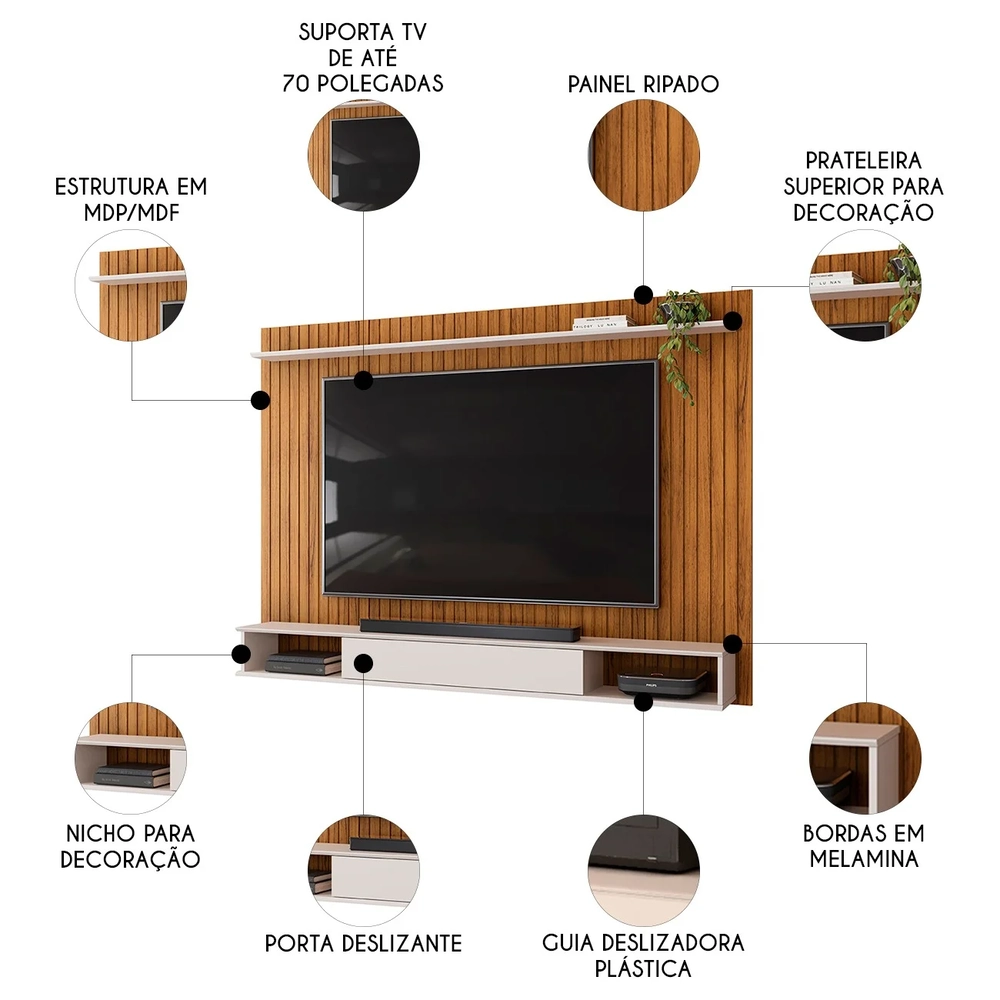 Painel TV 70 Pol 193cm Bancada Suspensa Ian D04 Freijó/Off - Mpozenato