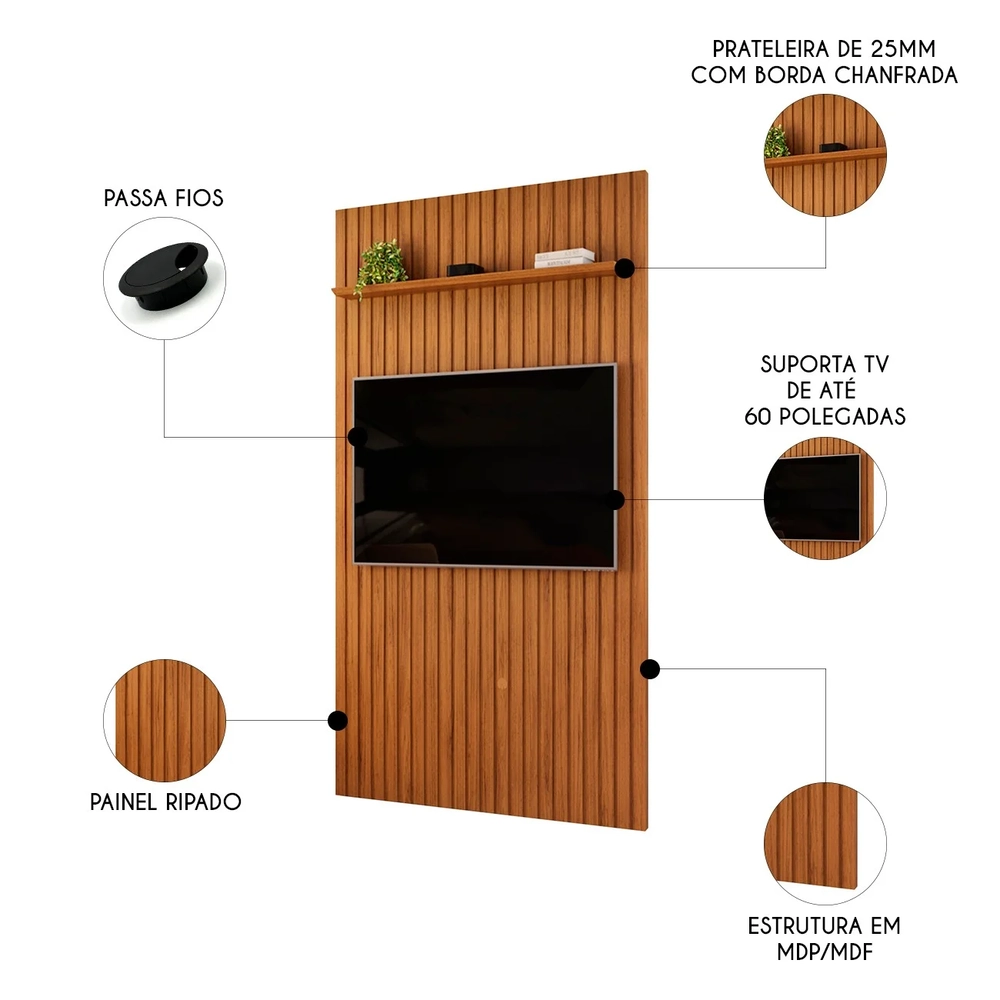 Painel TV 60 Pol 143cm Suspenso Ripado Noah D04 Freijó - Mpozenato