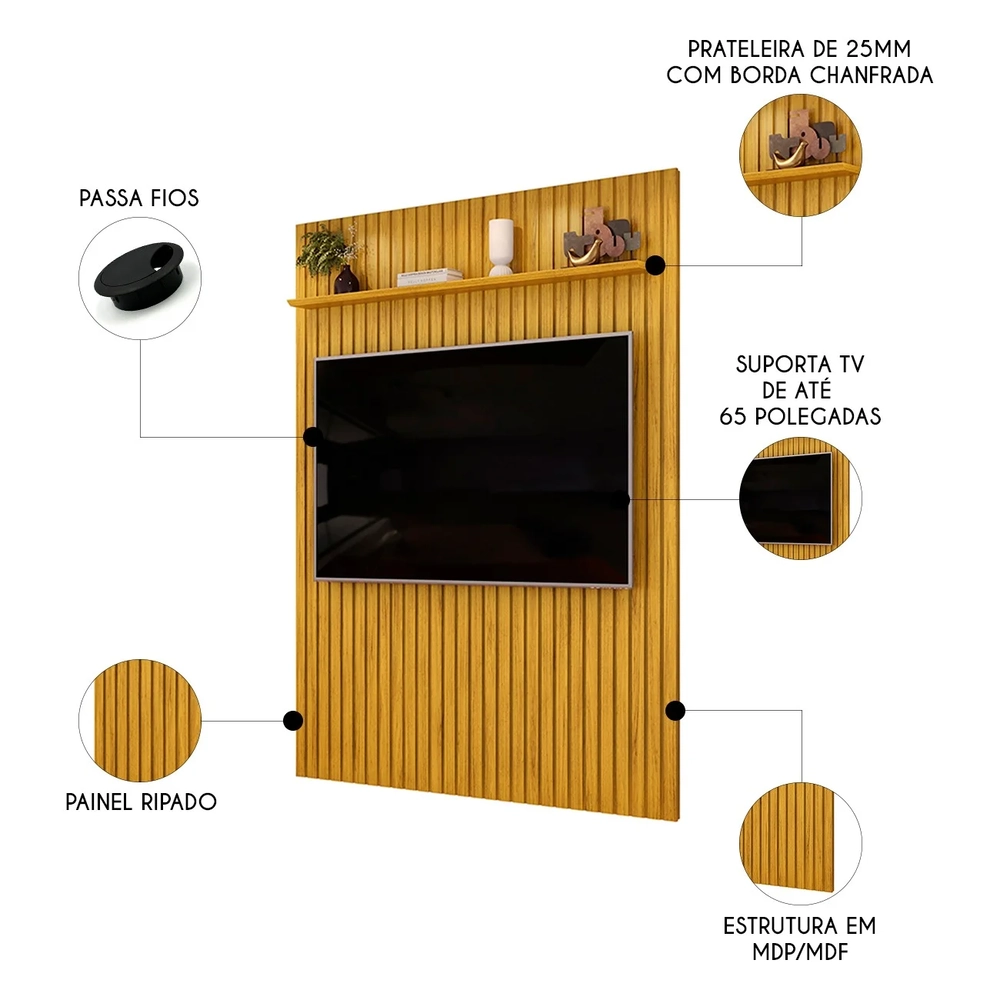 Painel TV 65 Pol 183cm Suspenso Ripado Noah D04 Cedro - Mpozenato