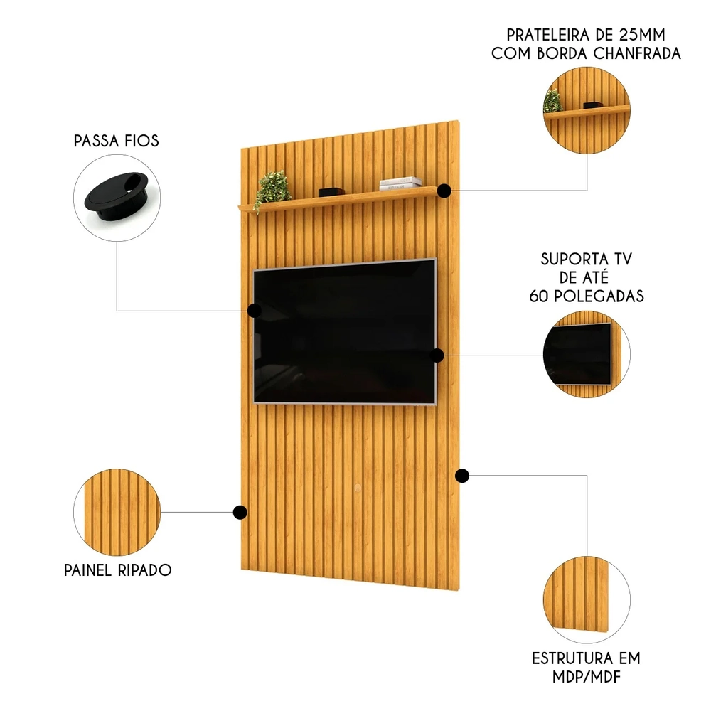 Painel TV 60 Pol 143cm Suspenso Ripado Noah D04 Cedro - Mpozenato