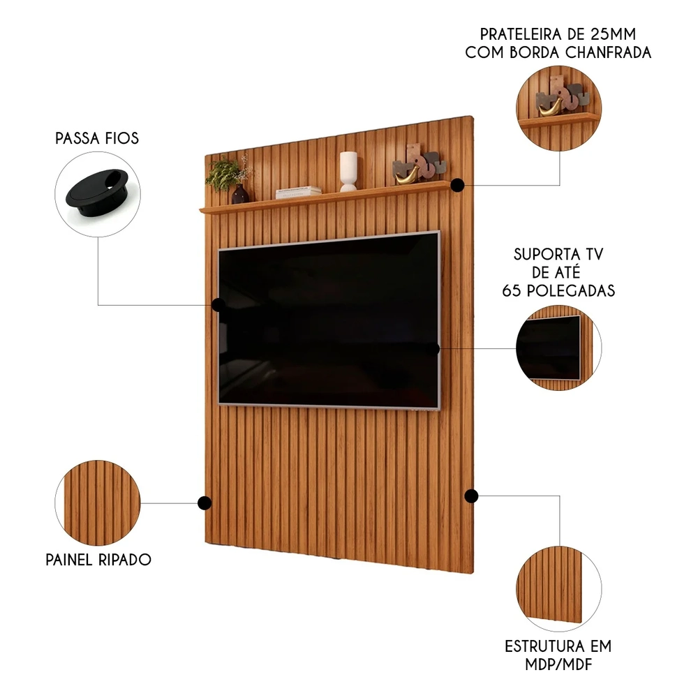 Painel TV 65 Pol 183cm Suspenso Ripado Noah D04 Freijó - Mpozenato