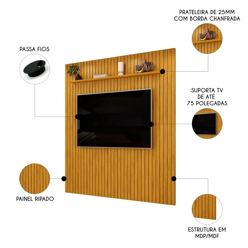 Painel TV 75 Pol 223cm Suspenso Ripado Noah D04 Cedro - Mpozenato