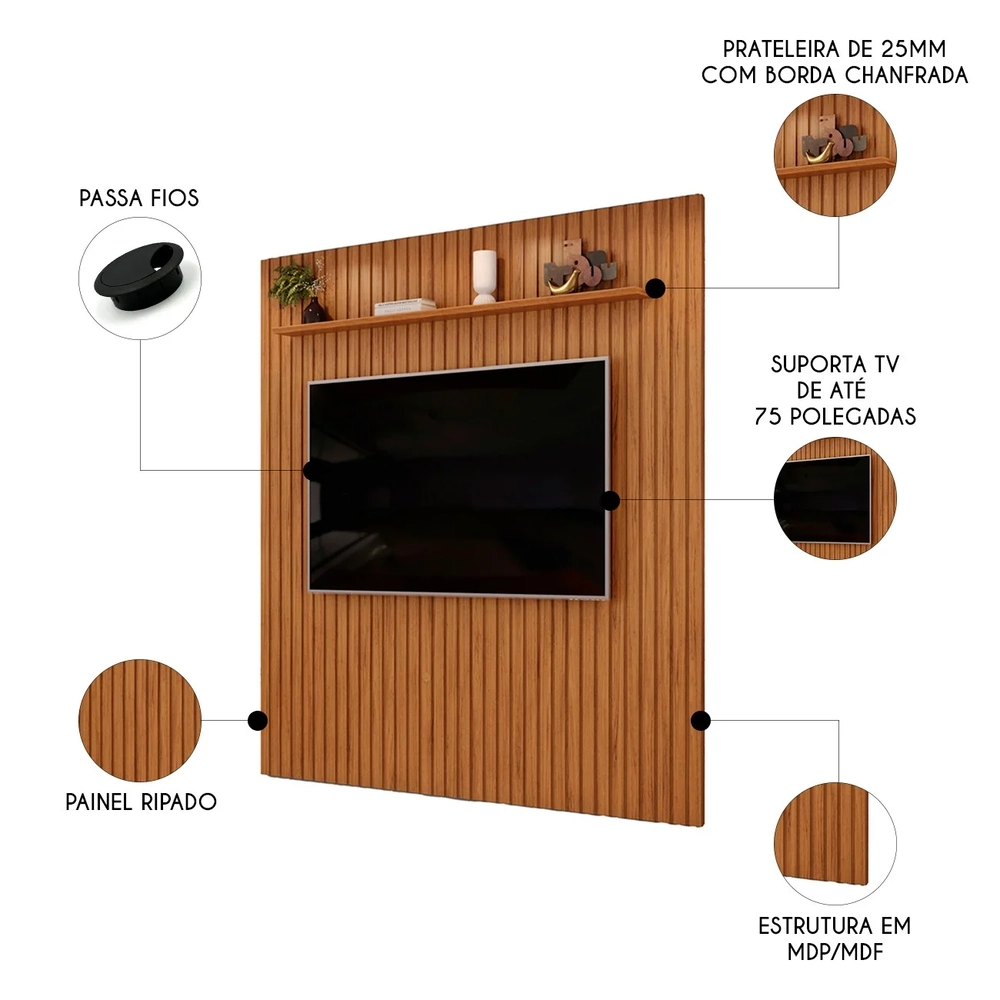 Painel TV 75 Pol 223cm Suspenso Ripado Noah D04 Freijó - Mpozenato