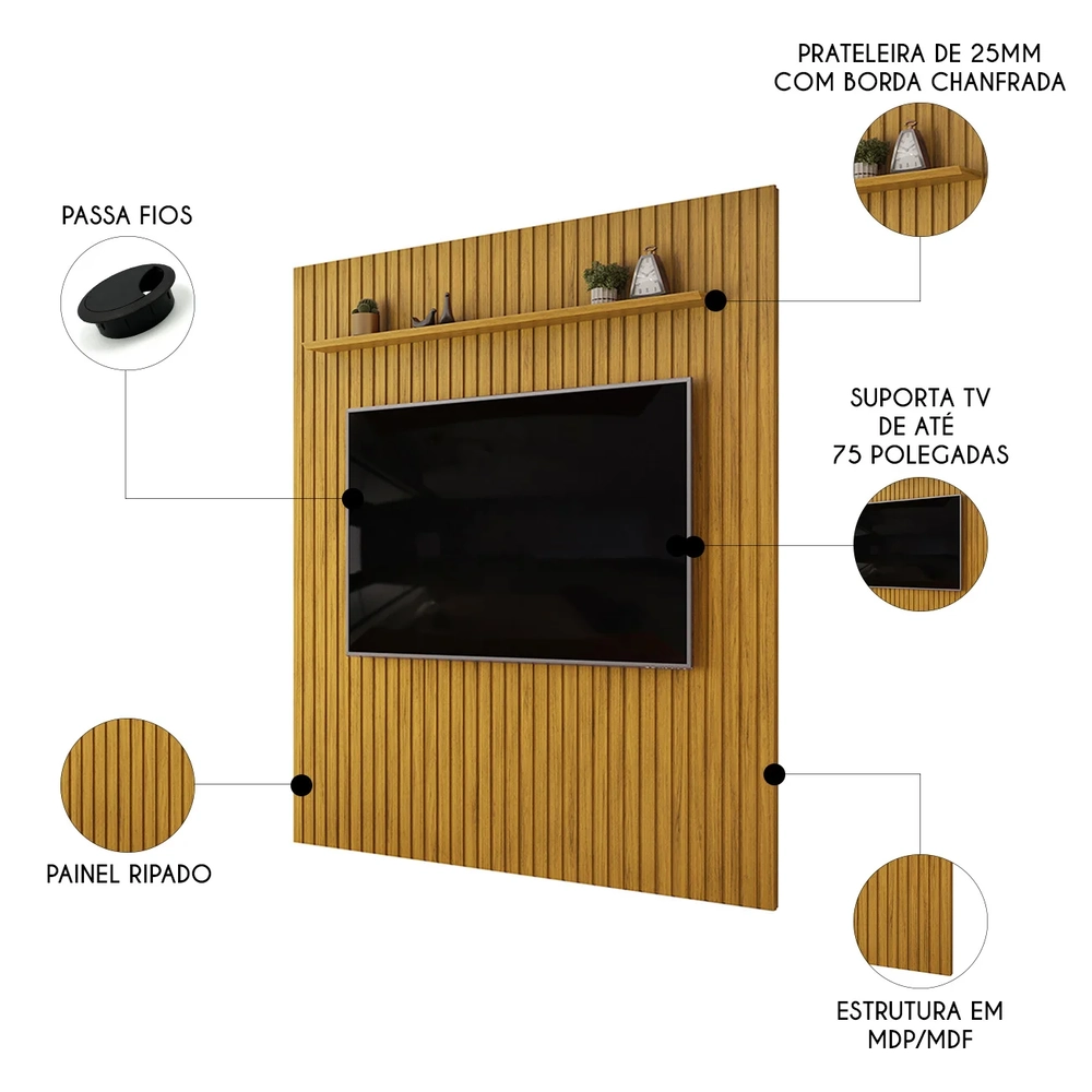 Painel TV 75 Pol 250cm Suspenso Ripado Noah D04 Cedro - Mpozenato