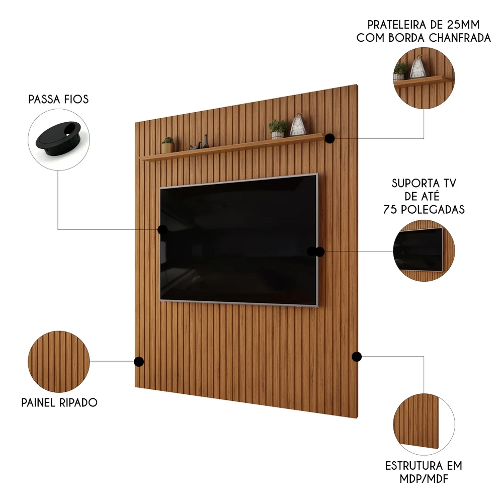 Painel TV 75 Pol 250cm Suspenso Ripado Noah D04 Freijó - Mpozenato