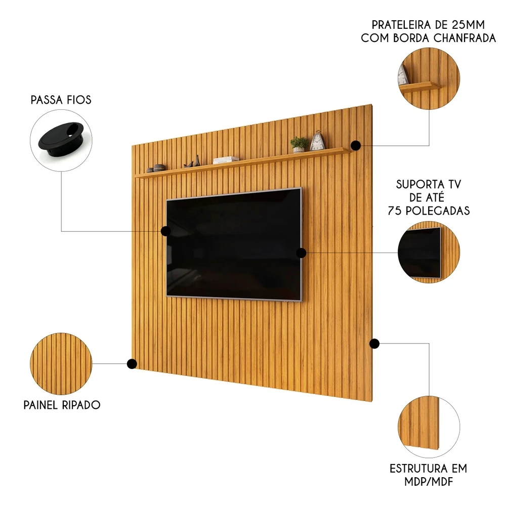Painel TV 75 Pol 275cm Suspenso Ripado Noah D04 Cedro - Mpozenato