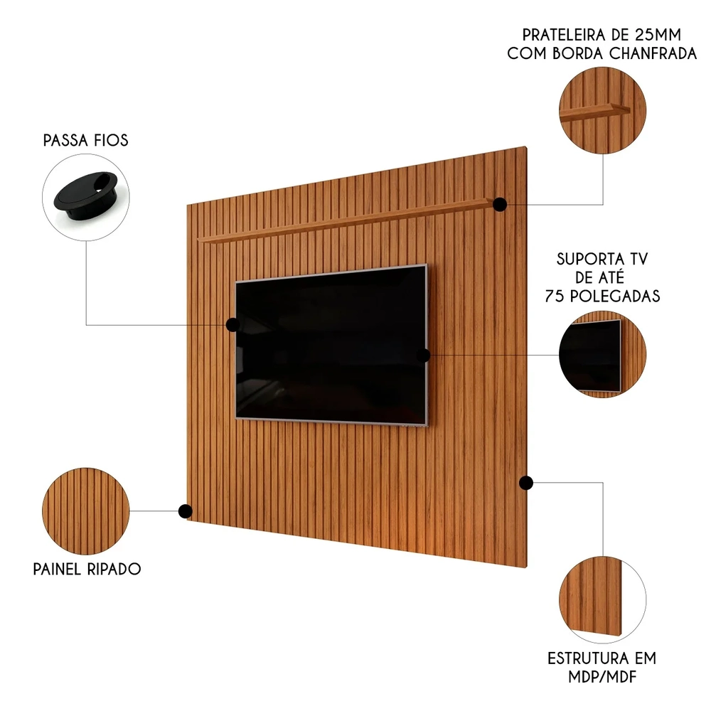 Painel TV 75 Pol 275cm Suspenso Ripado Noah D04 Freijó - Mpozenato