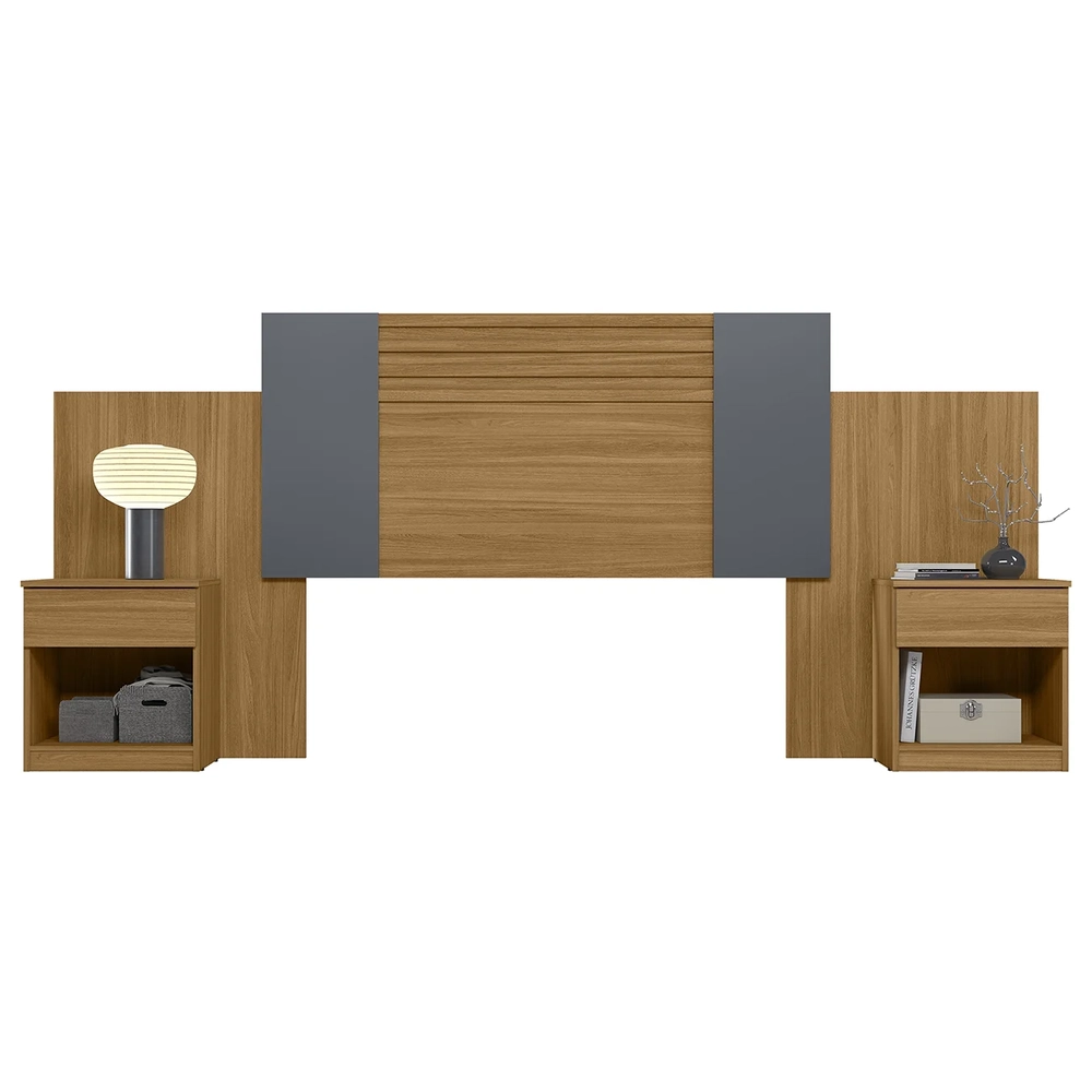 Cabeceira Casal Extensível e Mesas Cany Flex Z17 Off/Cinza/Freijó - Mpozenato