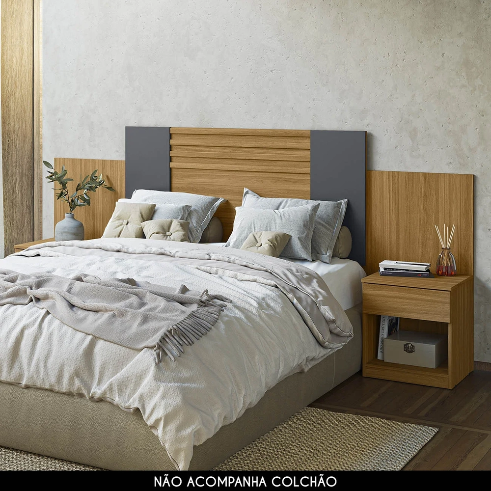 Cabeceira Casal Extensível e Mesas Cany Flex Z17 Off/Cinza/Freijó - Mpozenato