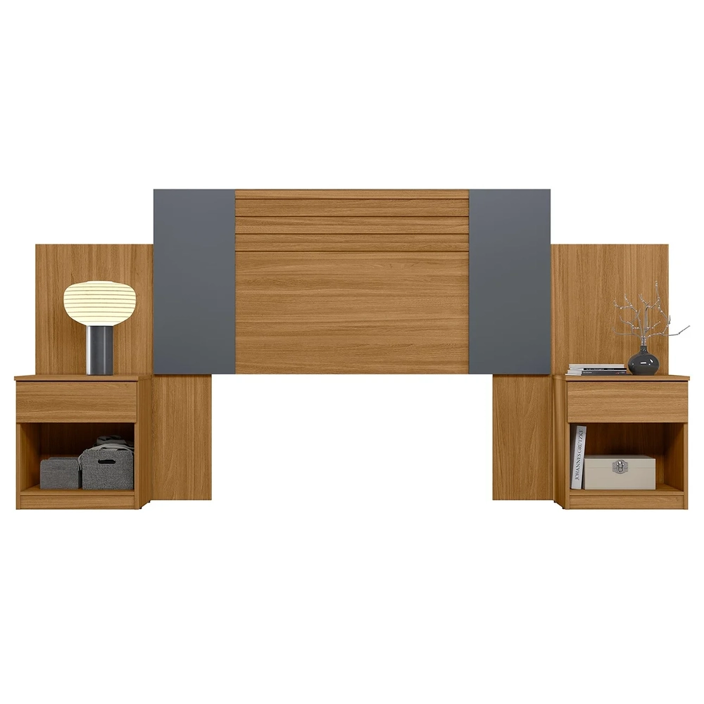 Cabeceira Casal Extensível e Mesas Cany Flex Z17 Off/Cinza/Freijó - Mpozenato