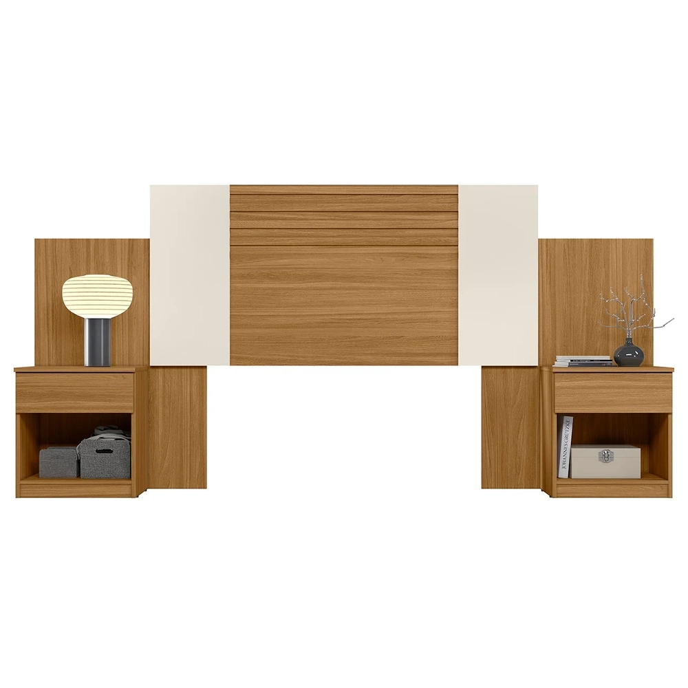 Cabeceira Casal Extensível e Mesas Cany Flex Z17 Off/Cinza/Freijó - Mpozenato