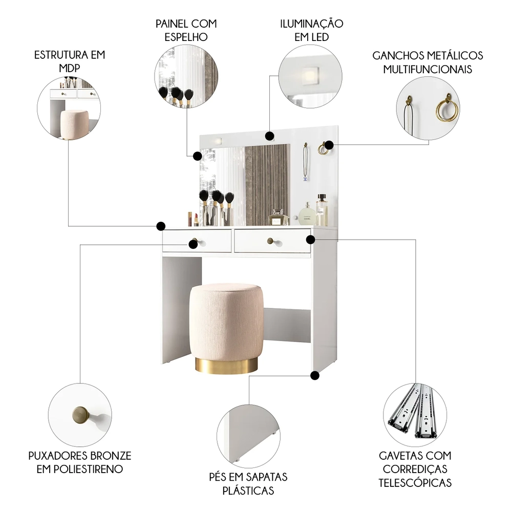 Penteadeira Camarim Com Espelho 2 Gavetas Siena Z17 Branco - Mpozenato