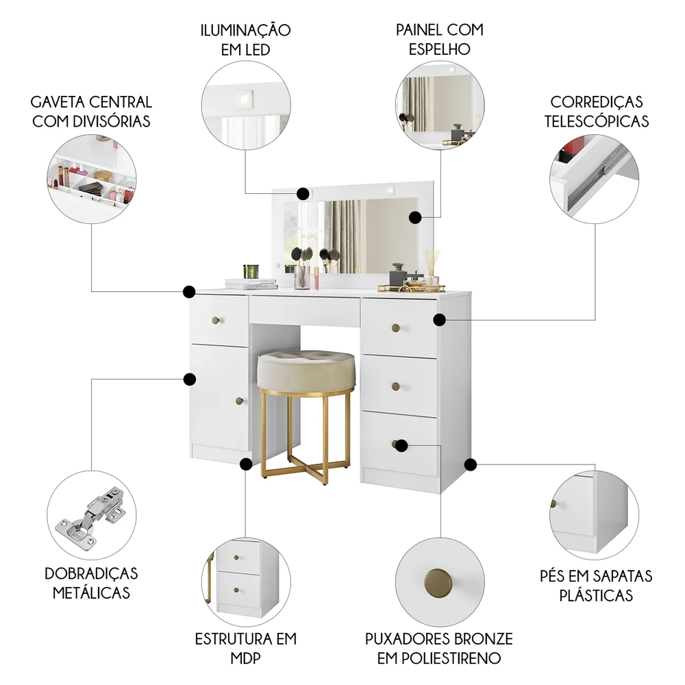 Penteadeira Camarim Com Espelho 5 Gavetas Nancy Z17 Branco - Mpozenato