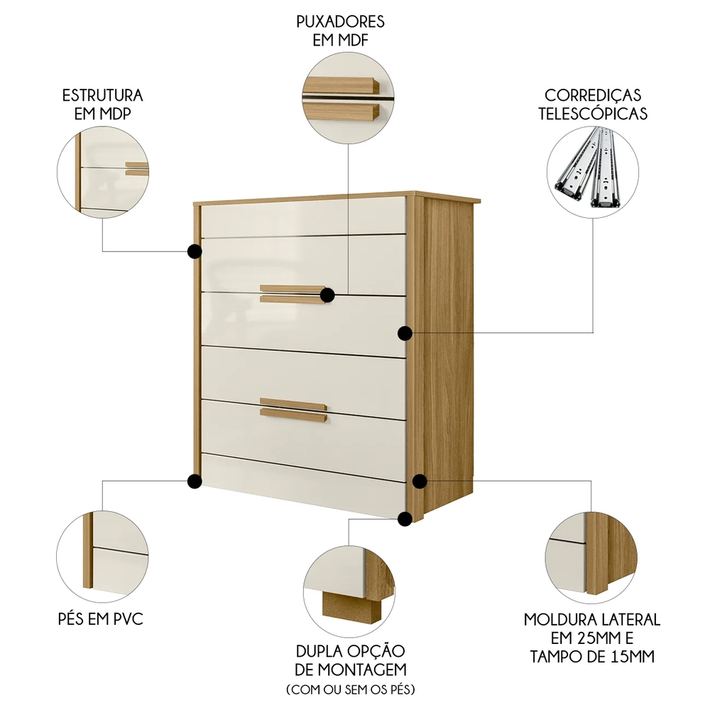 Cômoda Para Quarto 4 Gavetas 86cm Pavia Z17 Freijó/Off White - Mpozenato
