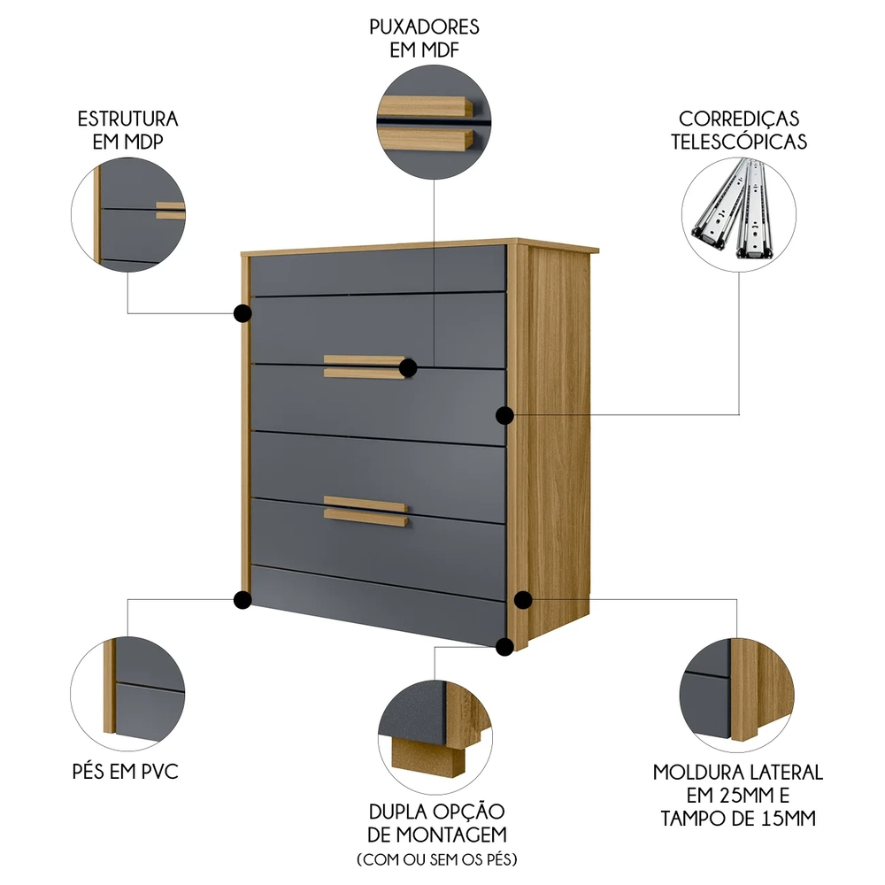 Cômoda Para Quarto 4 Gavetas 86cm Pavia Z17 Freijó/Cinza - Mpozenato