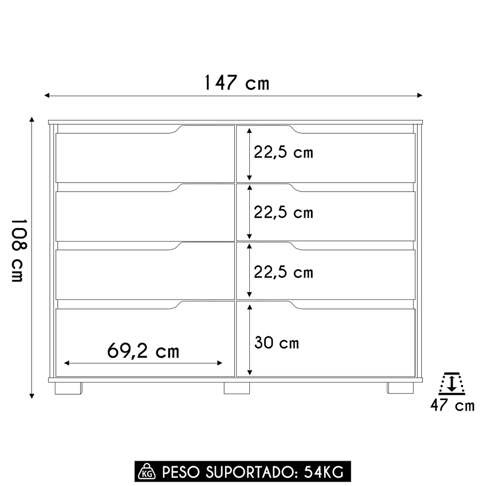 Cômoda Para Quarto 8 Gavetas 147cm Parma Z17 Freijó/Cinza - Mpozenato