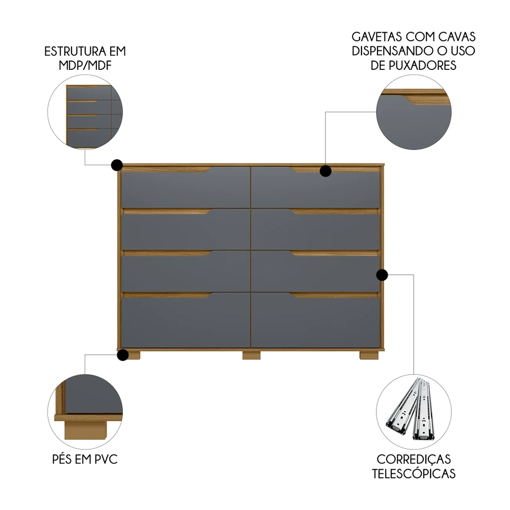 Cômoda Para Quarto 8 Gavetas 147cm Parma Z17 Freijó/Cinza - Mpozenato