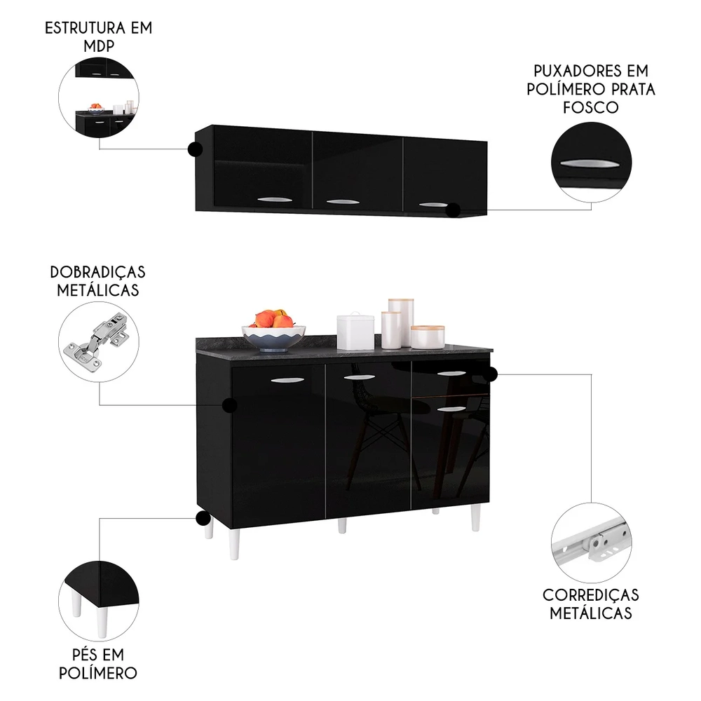 Armário de Cozinha CP01 Com Tampo 120cm Classic Z46 Preto - Mpozenato