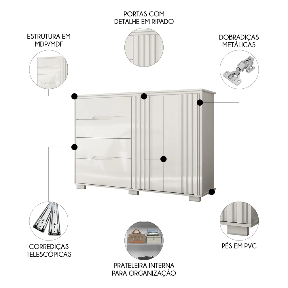 Cômoda Para Quarto 4 Gavetas 147cm Gênova Z17 Branco - Mpozenato
