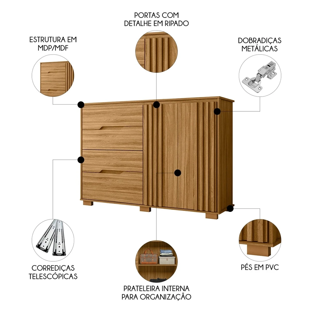Cômoda Para Quarto 4 Gavetas 147cm Gênova Z17 Freijó - Mpozenato