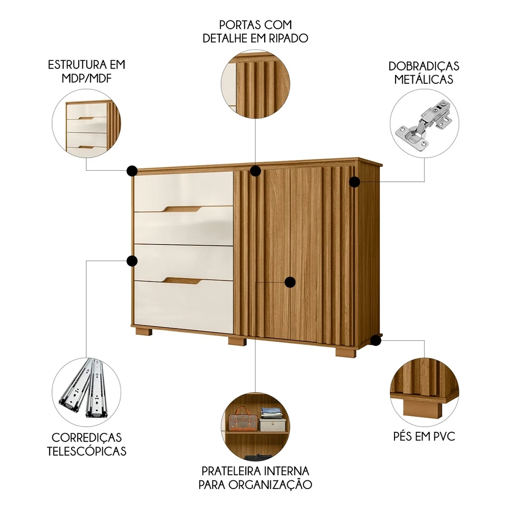 Cômoda Para Quarto 4 Gavetas 147cm Gênova Z17 Freijó/Off White - Mpozenato