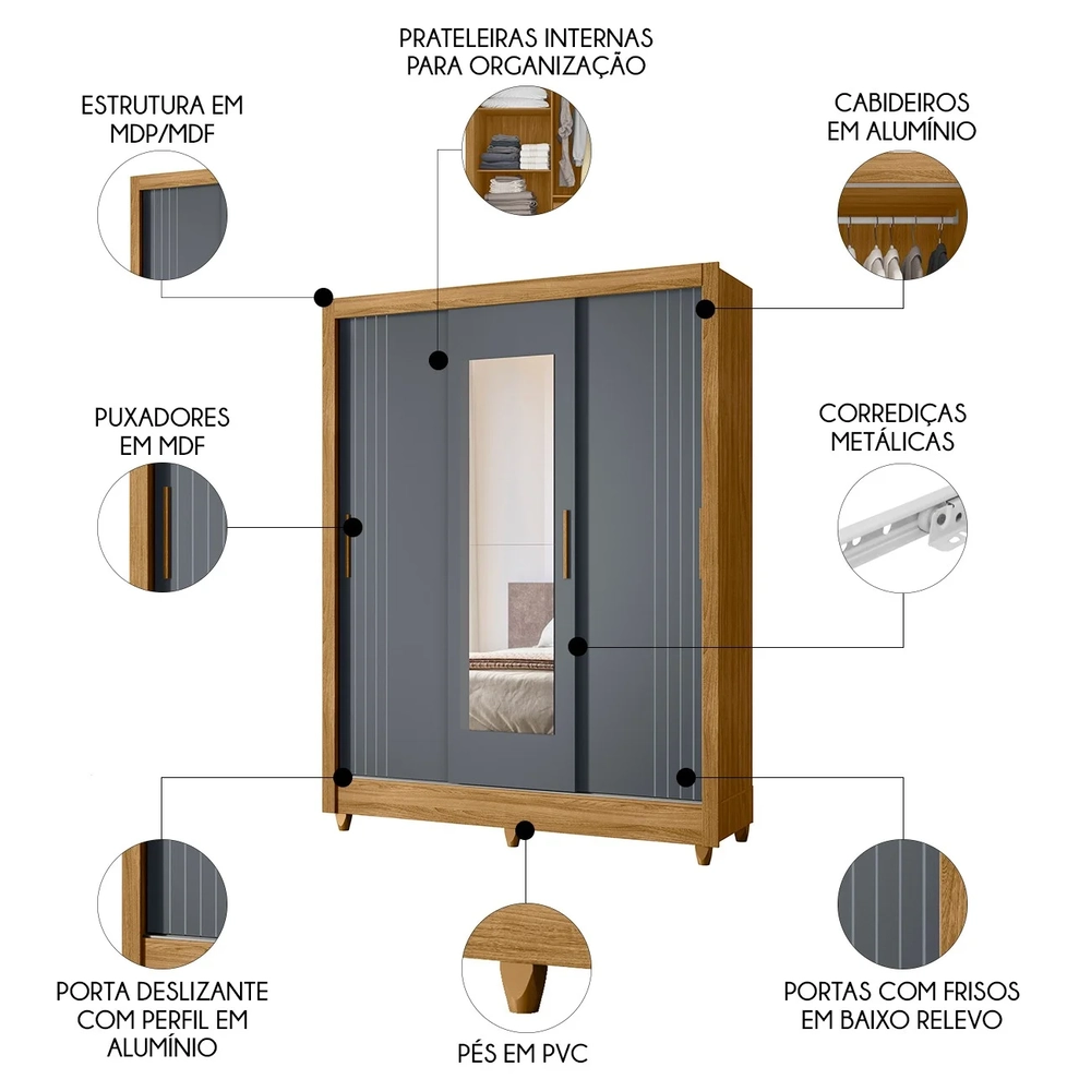 Guarda Roupa Solteiro Espelho 3 Portas Viena Z17 Freijó/Cinza - Mpozenato