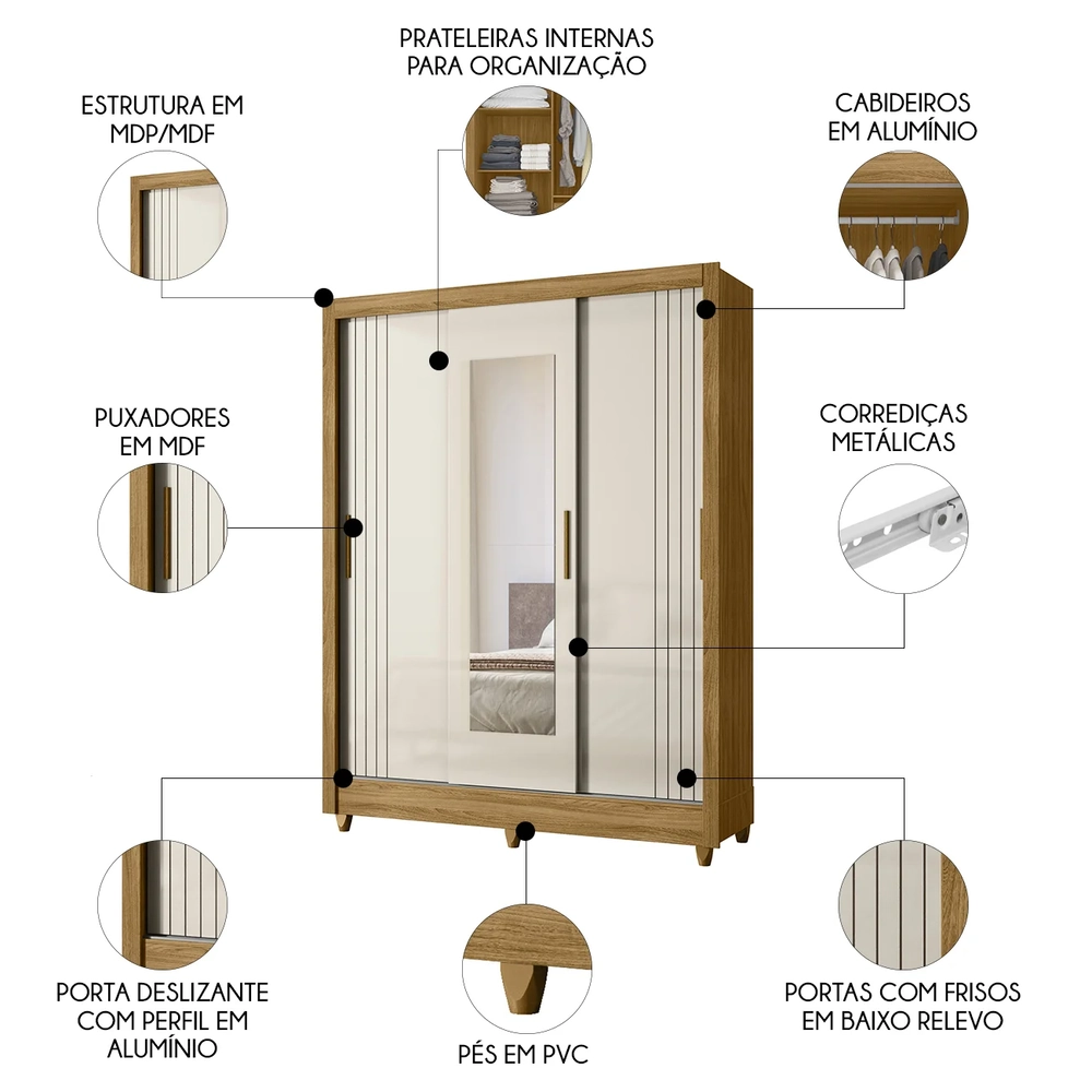 Guarda Roupa Solteiro Espelho 3 Portas Viena Z17 Freijó/Off - Mpozenato