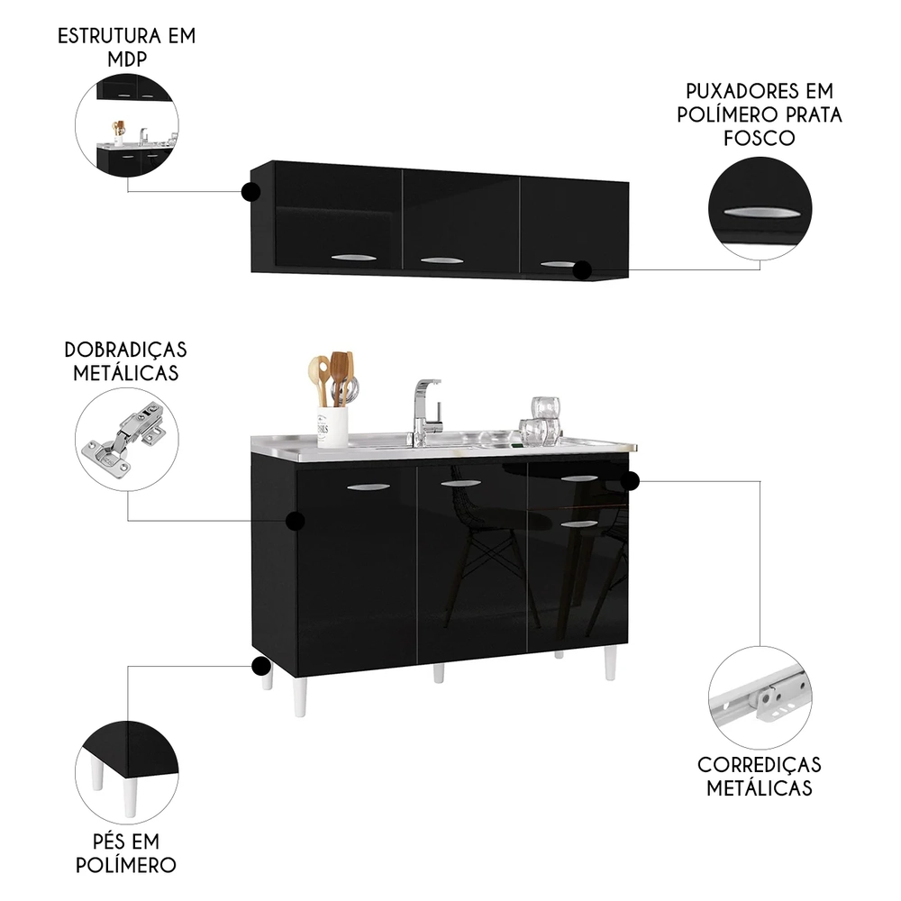 Armário de Cozinha CP01 Com Pia Inox Classic Z46 Preto - Mpozenato