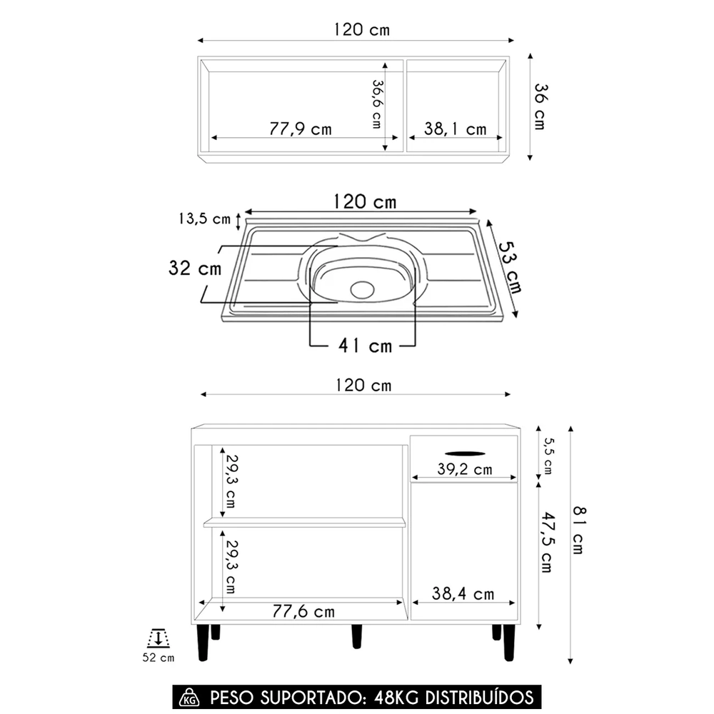 Armário de Cozinha CP01 Com Pia Inox Classic Z46 Preto - Mpozenato
