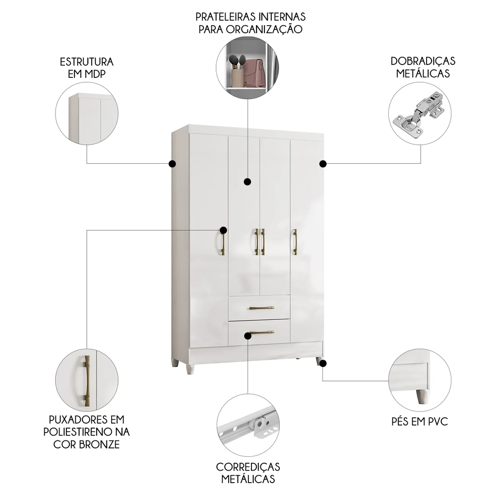 Guarda Roupa Solteiro 111cm 4 Portas Évora Z17 Branco - Mpozenato