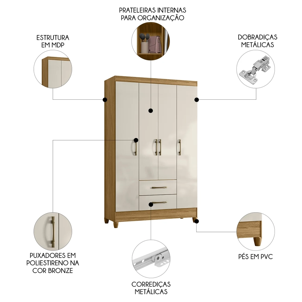 Guarda Roupa Solteiro 111cm 4 Portas Évora Z17 Freijó/Off - Mpozenato