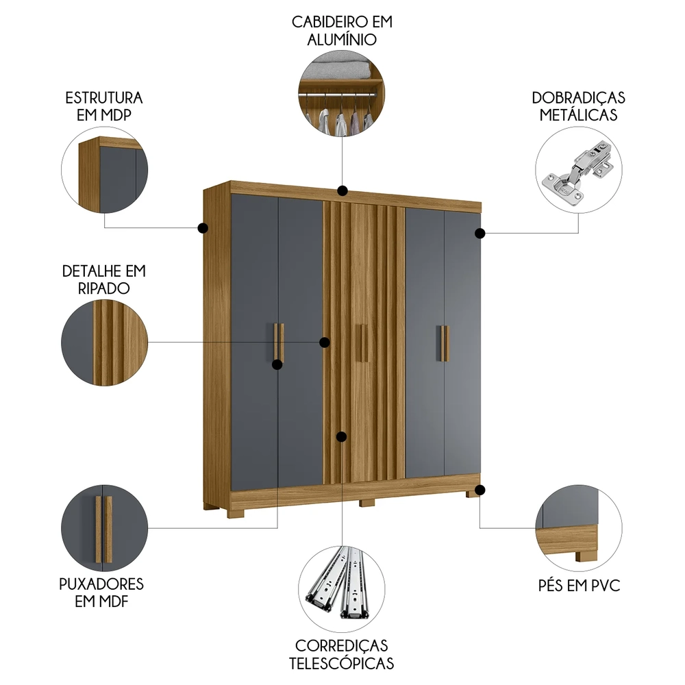 Guarda Roupa Casal 195cm Ripado Arlon Z17 Freijó/Cinza - Mpozenato