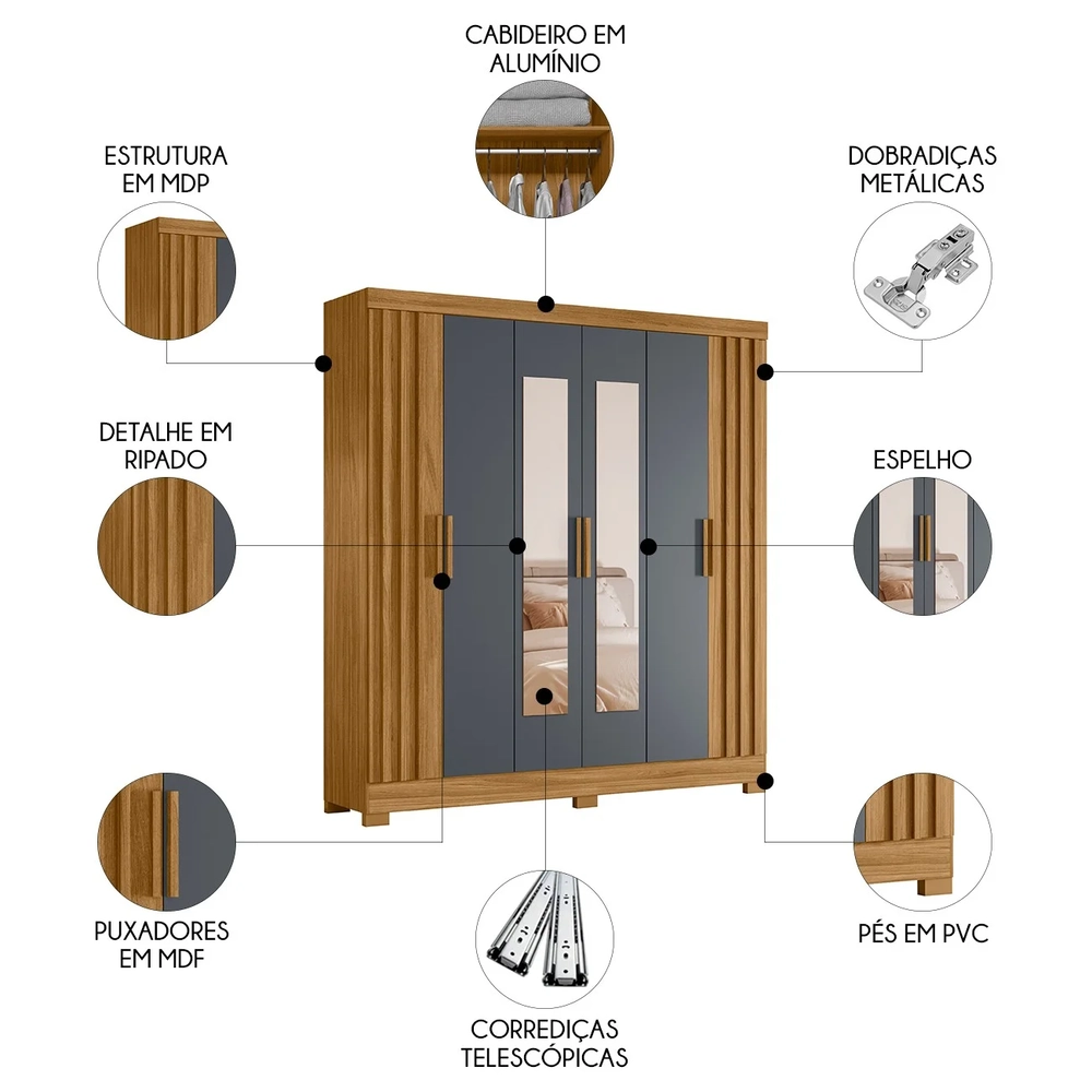 Guarda Roupa Casal 195cm Espelho Ripado Arlon Z17 Freijó/Cinza - Mpozenato
