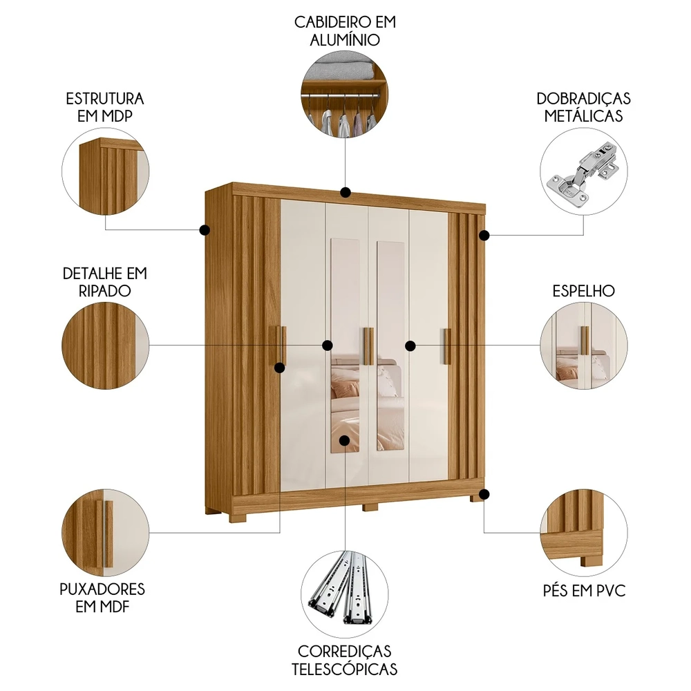 Guarda Roupa Casal 195cm Espelho Ripado Arlon Z17 Freijó/Off - Mpozenato