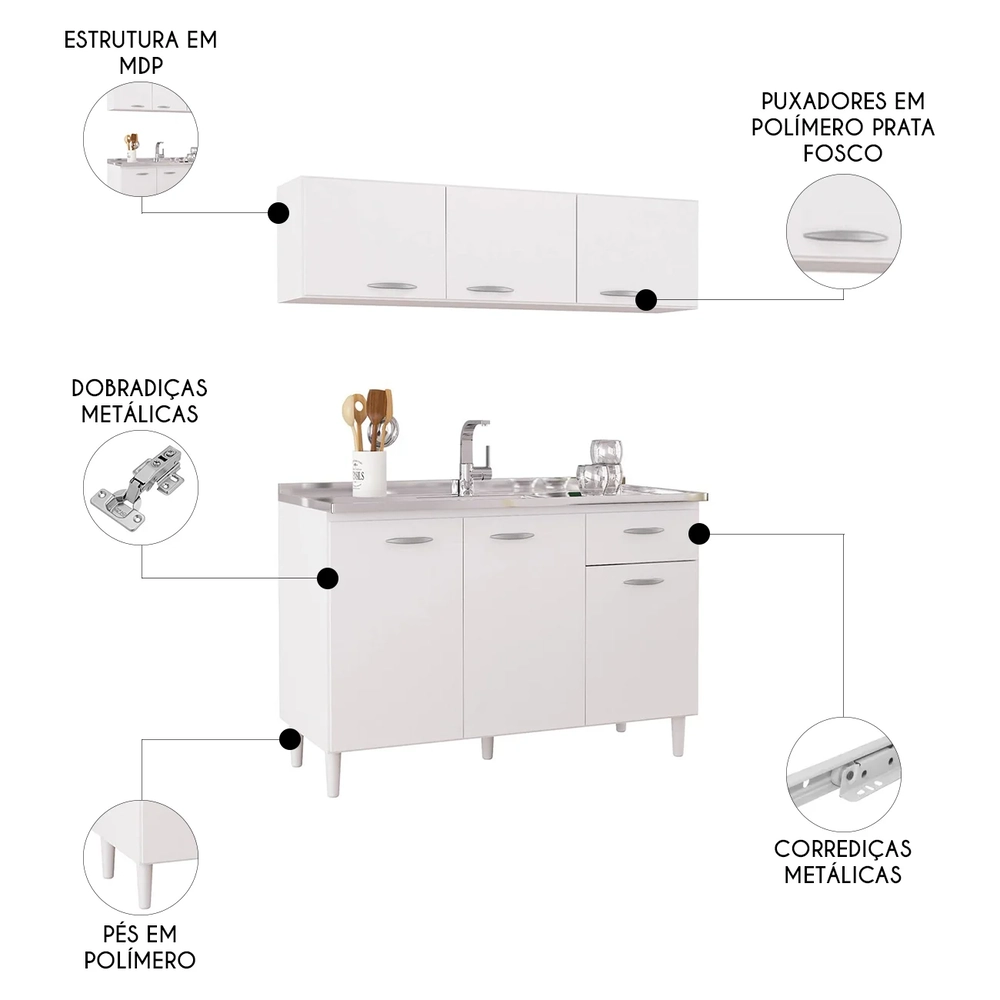 Armário de Cozinha CP01 Com Pia Inox Classic Z46 Branco - Mpozenato