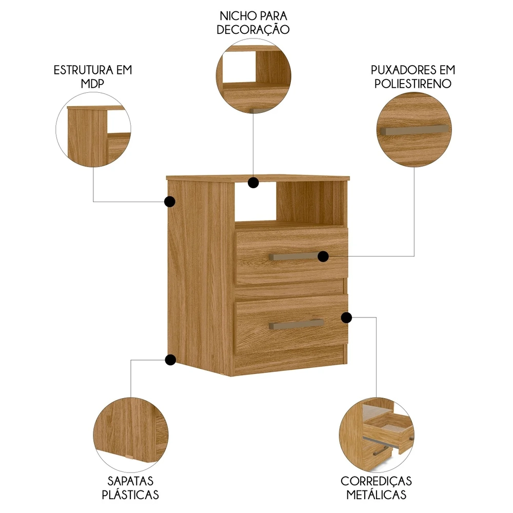 Mesa de Cabeceira Para Quarto 2 Gavetas Kit 2 Ares Z17 freijó - Mpozenato